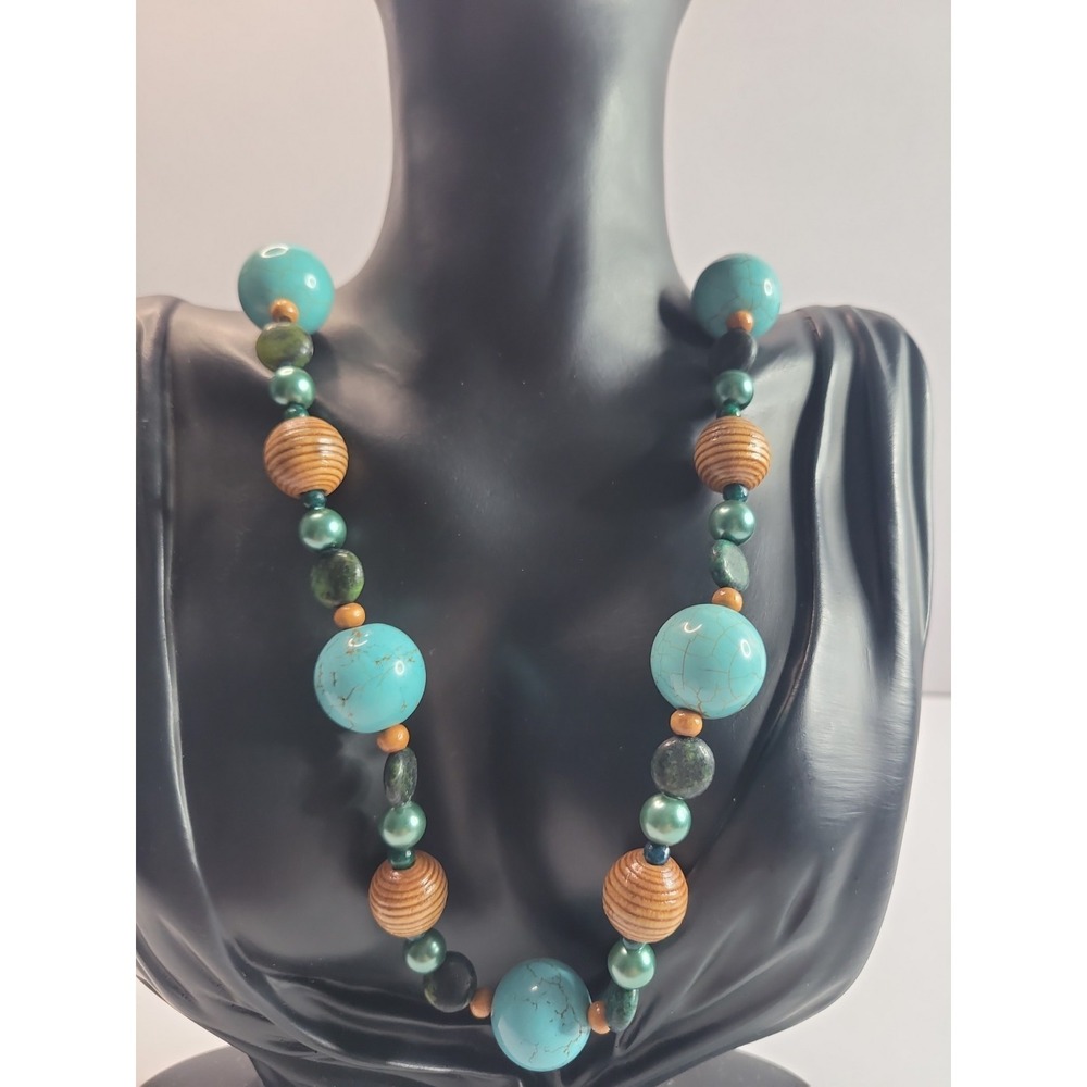 Boho‎ Blue Wood Bead Necklace Long Opera Length Statement Beaded Necklace